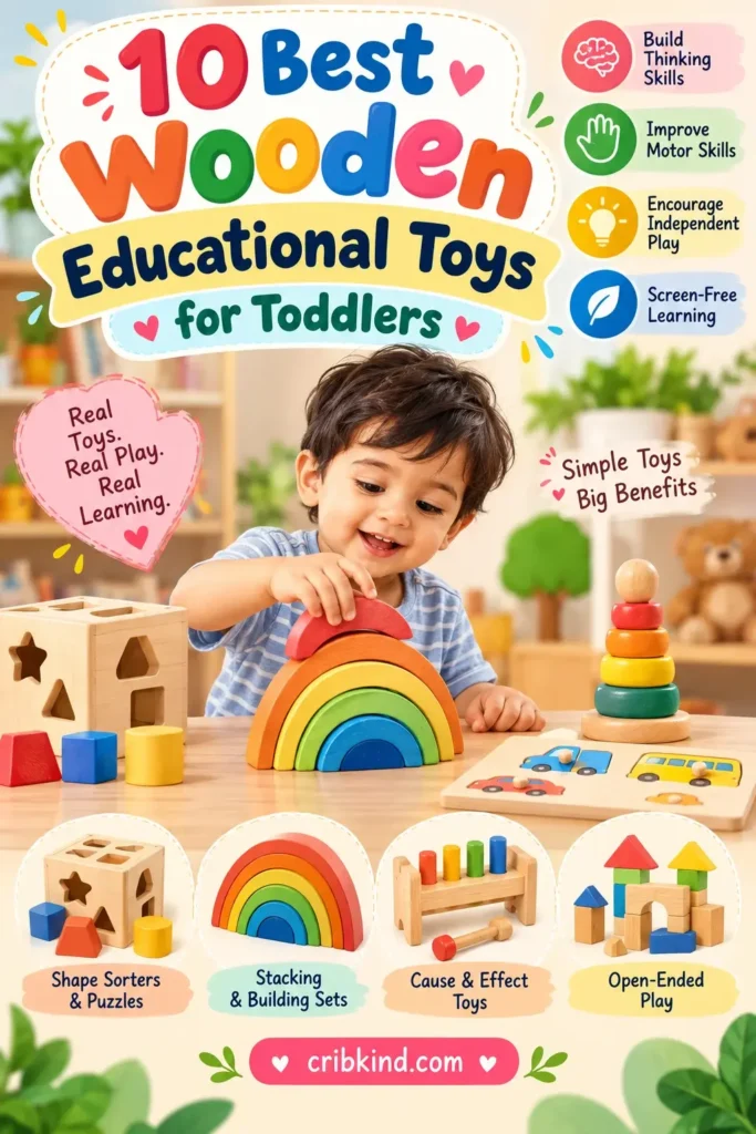 Pinterest pin showing 10 best wooden educational toys for toddlers, including stacking, sorting, building, and cause-and-effect toys, cribkind.com