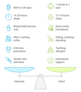 Comparison diagram showing key differences between a neonate (birth to 28 days) and an infant (1 month to 1 year), including sleep patterns, nutritional needs, developmental milestones, and parental care focus