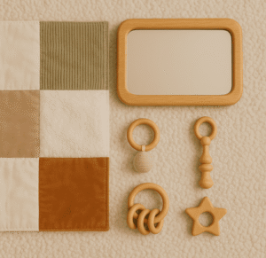 Baby sensory items including mirror, textured mat, and rattles