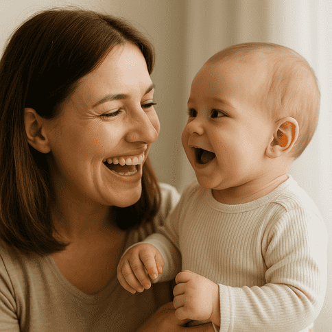 Mother smiling while holding her baby as the child babbles their first word