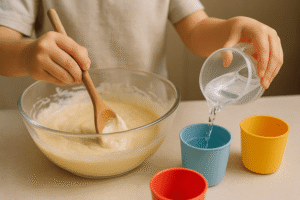 finer motor skills stirring batter and poring water