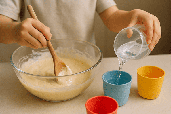 finer motor skills stirring batter and poring water