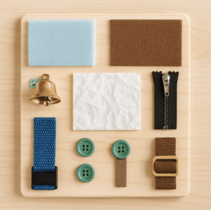DIY sensory board with fabric, sandpaper, bell, crinkly paper, zipper, buttons, and straps