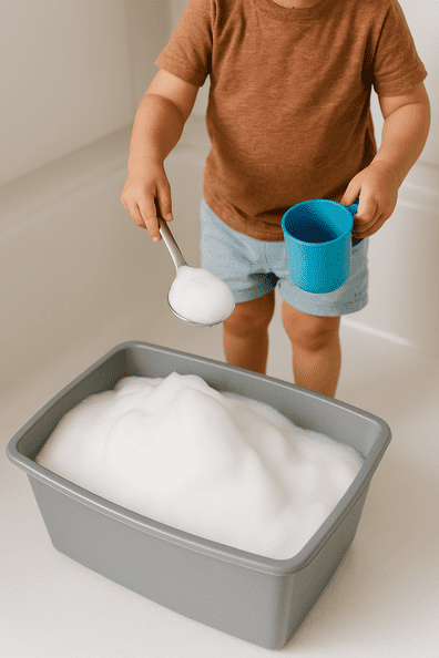 Toddler playing with foam in a tub using a ladle and plastic cup during sensory play
