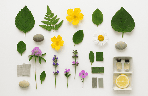 leaves, flowers, and smooth stones neatly arranged on a white background for a children’s sensory activity