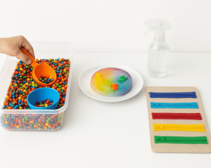 Messy sensory activities for autism including colored beans, rainbow ice play, and zipper boards