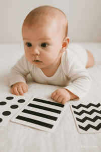 Newborn engaging with high-contrast black-and-white sensory cards during tummy time