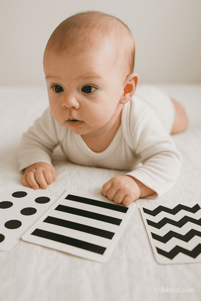 Newborn engaging with high-contrast black-and-white sensory cards during tummy time