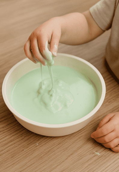 Child playing with green oobleck slime in a bowl, squeezing and watching it drip through fingers
