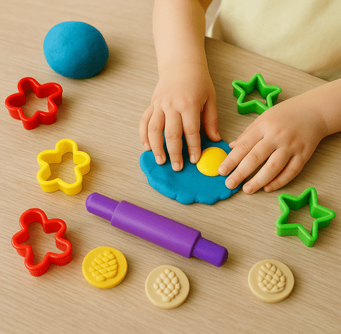 colorful playdough with cookie cutters, stamps, and a rolling pin during sensory play
