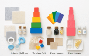Montessori inspired sensorial activities for infants, toddlers, and preschoolers including fabric swatches, rattles, scent jars, stacking blocks, mystery bag, sound jars,