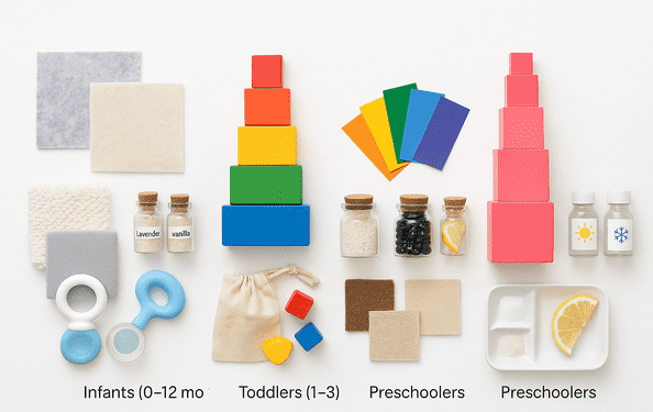 Montessori inspired sensorial activities for infants, toddlers, and preschoolers including fabric swatches, rattles, scent jars, stacking blocks, mystery bag, sound jars,