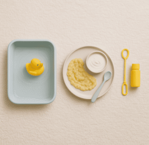 Sensory activities for six month old baby including water play, edible play, and bubbles