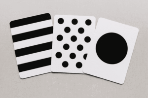 High-contrast black and white cards used for infant sensory play