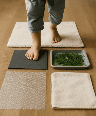 walking barefoot across sensory path with bubble wrap, yoga mat, towel