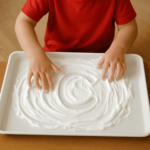 drawing shapes in shaving cream foam on a tray for sensory play