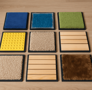 Set of tactile sensory mats with different textures including fabric, gel, rubber, and wood for hands or feet exploration for autism kids