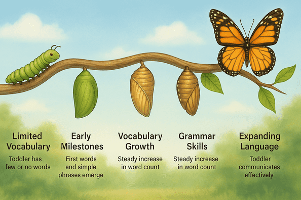 caterpillar-to-butterfly transformation showing toddler vocabulary milestones with speech bubbles