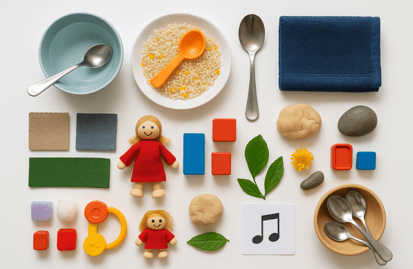 household items for preschool sensory play including water bowl, rice plate, spoons, folded cloth, dolls, leaves, flowers, clay dough, colored blocks, and musical note card