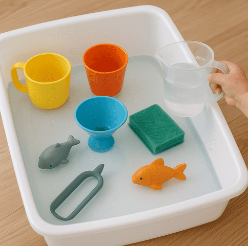 Toddler water play station with cups, funnels, sponge, plastic fish toys, and a pitcher in a shallow basin