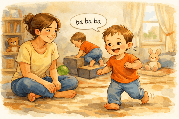 A mothersitting on the floor with her 14-month-old toddler who is babbling and walking, showing that communication can develop through sounds, gestures, and connection even before words appear.