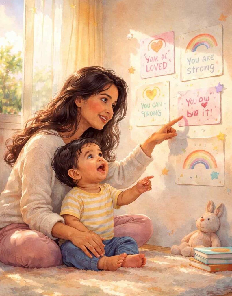 a parent reading positive affirmations with a 15-month-old toddler who is pointing and babbling, showing early language development