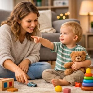 Mother playing with her 16-month-old child who is pointing and communicating through gestures, showing early language development
