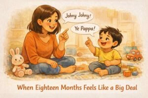 Parent sitting with an 18-month-old toddler who is babbling and trying to imitate words, showing early speech development and emotional connection
