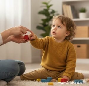 A calm parent sitting with a 21 month old toddler who is not talking yet but understands and communicates through gestures 