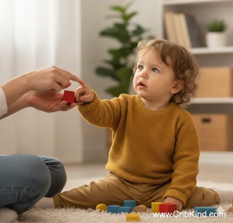 A calm parent sitting with a 21 month old toddler who is not talking yet but understands and communicates through gestures