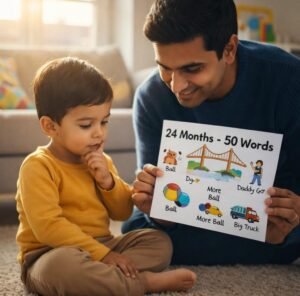 Father showing a 24-month-old toddler a chart of first words, explaining the 50-word milestone