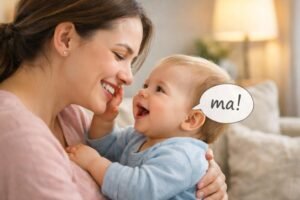 Baby saying first word while parent smiles and encourages speech development