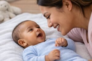 Mother smiling and talking to her cooing infant, showing early communication and bonding