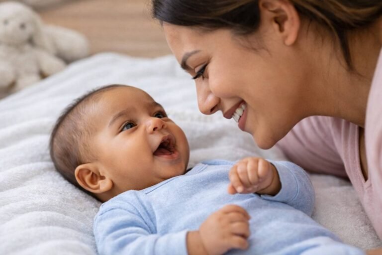 Mother smiling and talking to her cooing infant, showing early communication and bonding