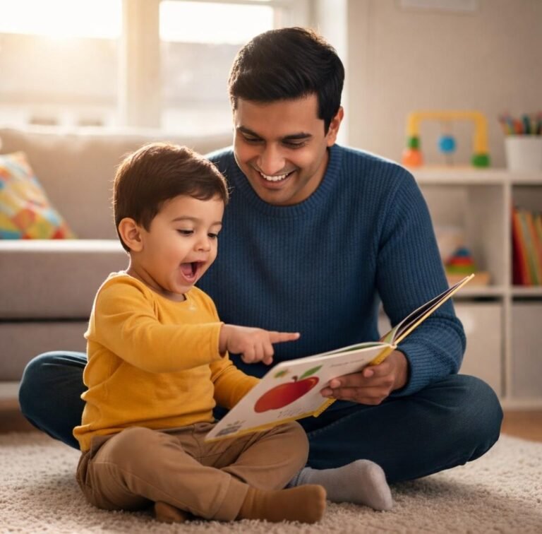 Father reading a picture book with his toddler who is pointing excitedly at the pages