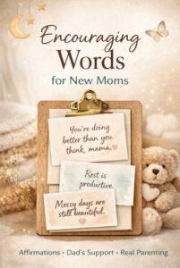 Encouraging words for new moms with affirmation cards saying “You’re doing better than you think, mama,” “Rest is productive,” and “Messy days are still beautiful,” in a warm, calming nursery-style setting.