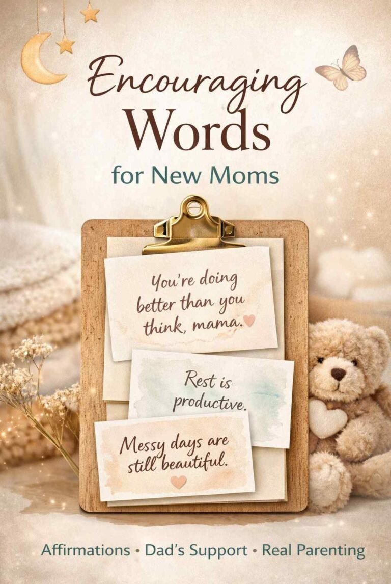 Encouraging words for new moms with affirmation cards saying “You’re doing better than you think, mama,” “Rest is productive,” and “Messy days are still beautiful,” in a warm, calming nursery-style setting.