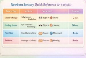 newborn sensory quick reference for 0 8 weeks, with daily routines like diaper change, feeding breaks, post nap tummy time, and bedtime, including activities, senses used, and duration