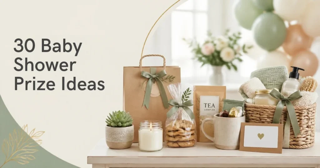 Baby shower prize table with candles, cookies, tea, succulent, mug, gift card, and a small spa basket