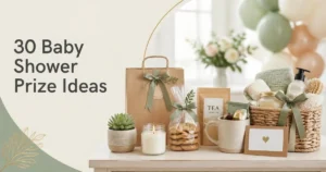 Baby shower prize table with candles, cookies, tea, succulent, mug, gift card, and a small spa basket