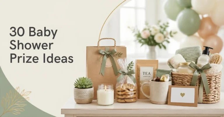 Baby shower prize table with candles, cookies, tea, succulent, mug, gift card, and a small spa basket