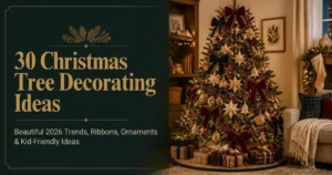 Decorated Christmas tree in a cozy living room with velvet bows, warm lights, ribbon, ornaments, and festive holiday styling