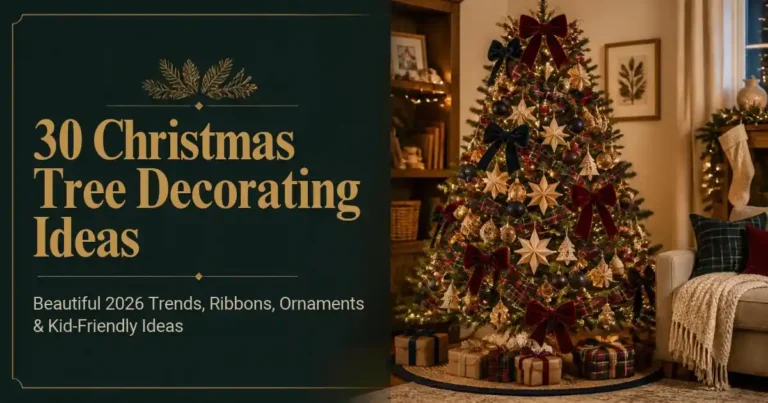 Decorated Christmas tree in a cozy living room with velvet bows, warm lights, ribbon, ornaments, and festive holiday styling