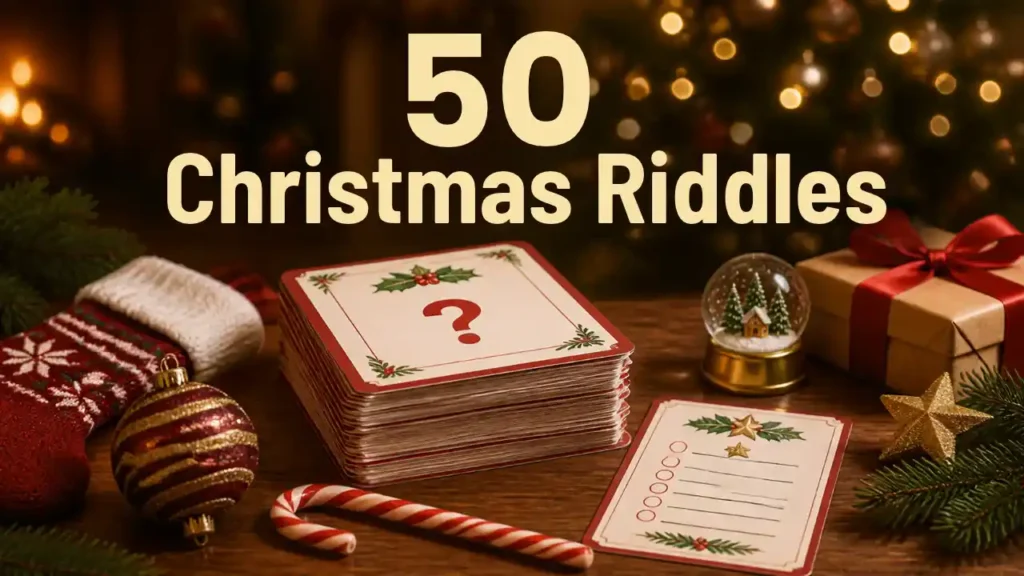 Christmas riddles banner with printable riddle cards, stocking, ornament, candy cane, present and snow globe