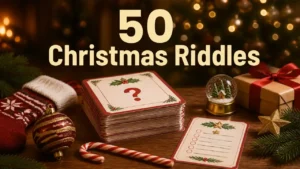 Christmas riddles banner with printable riddle cards, stocking, ornament, candy cane, present and snow globe