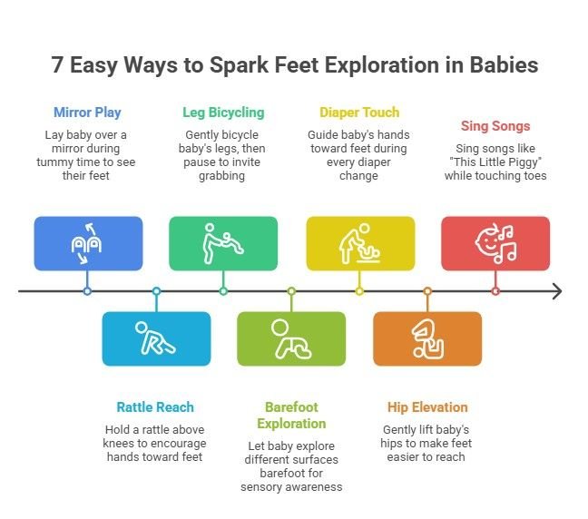 7 easy ways to encourage baby feet exploration from 3 to 6 months including tummy time mirror and toy tease activities
