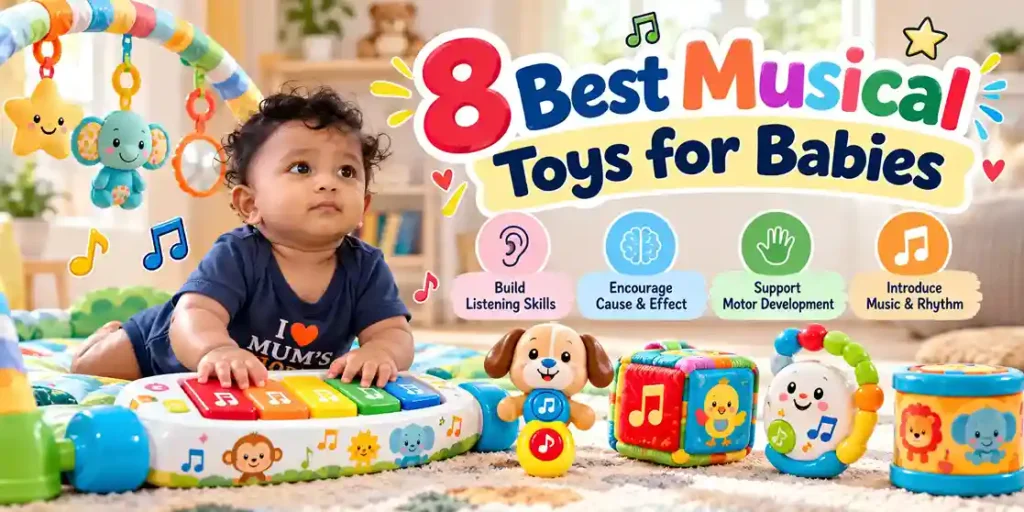 8 best musical toys for babies featuring a piano gym, rattles and activity toys that support cause and effect and motor development