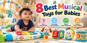 8 best musical toys for babies featuring a piano gym, rattles and activity toys that support cause and effect and motor development