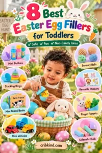 8 Easter egg fillers for toddlers featuring non-candy ideas like bubbles, sensory balls, stickers, books, finger puppets and mini vehicles, cribkind.com