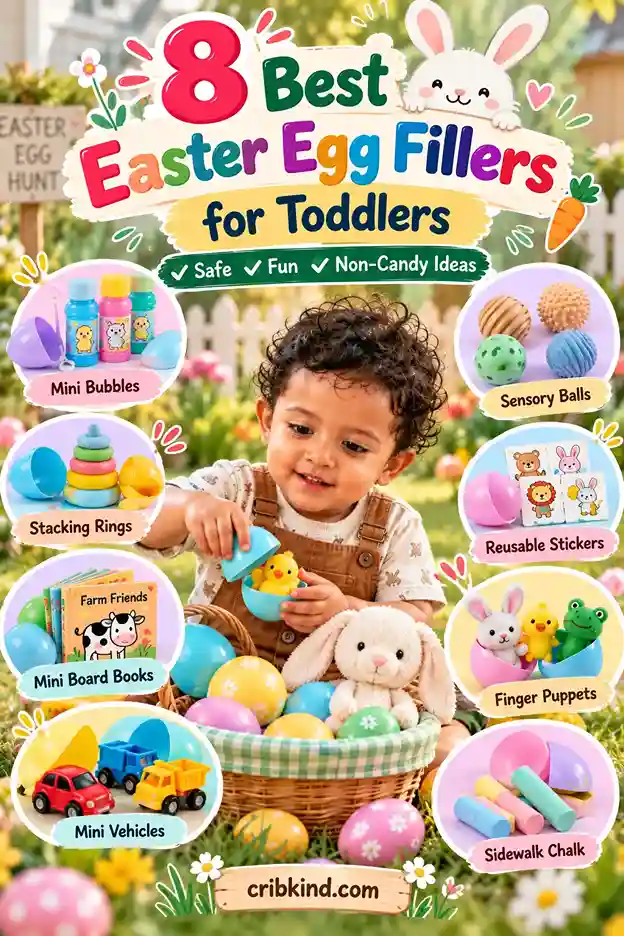 8 Easter egg fillers for toddlers featuring non-candy ideas like bubbles, sensory balls, stickers, books, finger puppets and mini vehicles, cribkind.com